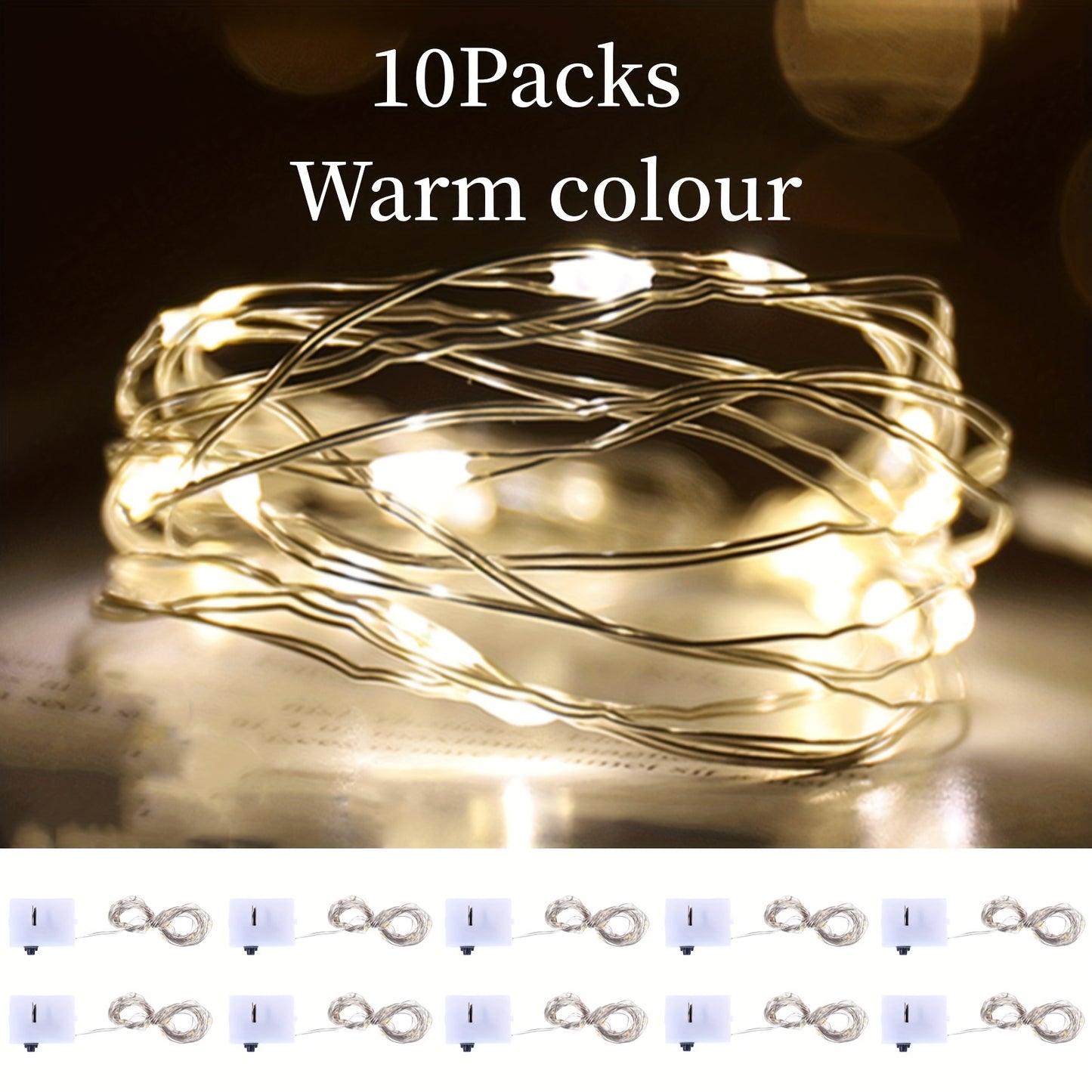 Battery operated LED string lights in a 10-pack, available in lengths of 99.06cm, 198.12cm, and 299.72cm with 10, 20, or 30 LEDs. Perfect for indoor decoration such as BOBO balloons, parties, weddings, and Christmas, these lights create a warm and