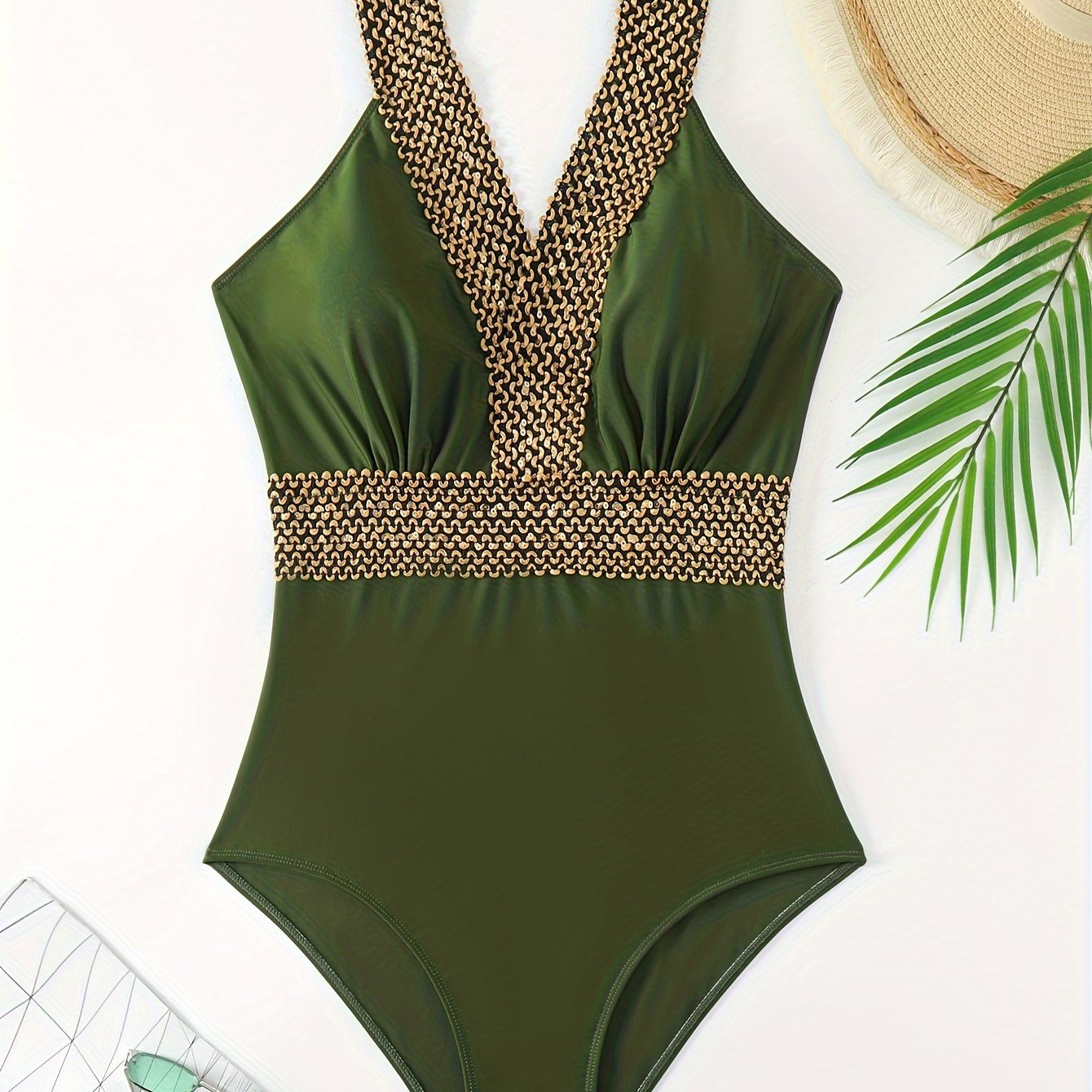 Compare Golden Band One-piece Swimsuit with V Neck Back Buckles Backless Bathing Suits for Women.