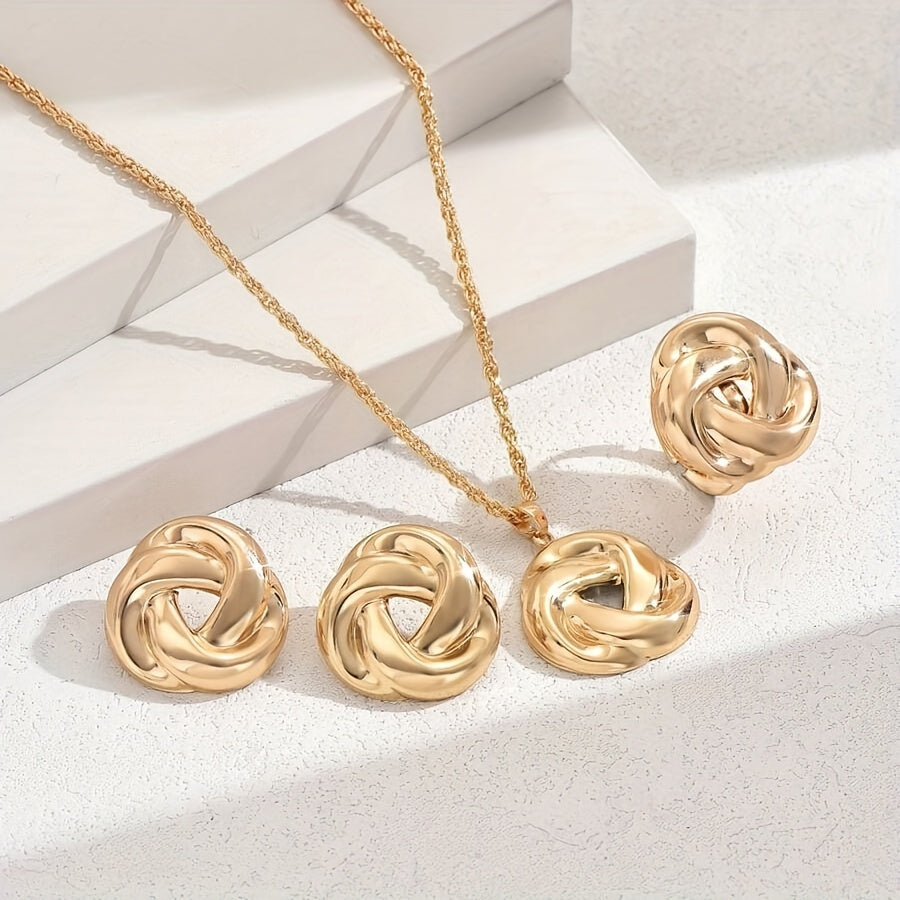 Stylish Boho-Chic 3-Piece Jewelry Set for Women - Includes Geometric Rose Flower Necklace, Earrings, and Ring - Made of Zinc Alloy, Ideal for Everyday Wear