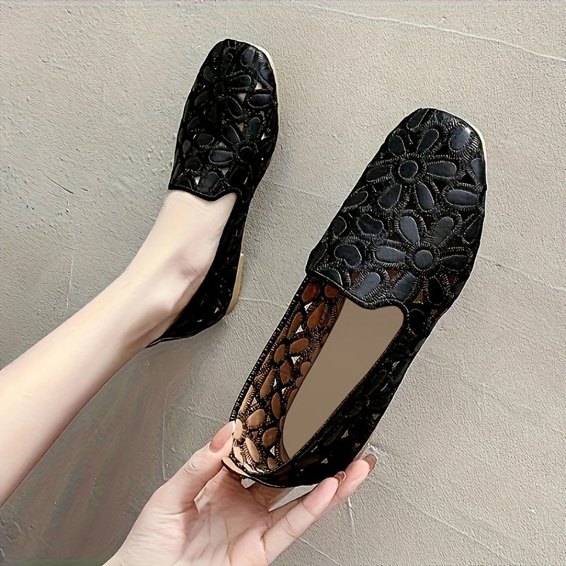 Women's floral pattern slip-on flat shoes with hollow-out design, lightweight and comfortable.