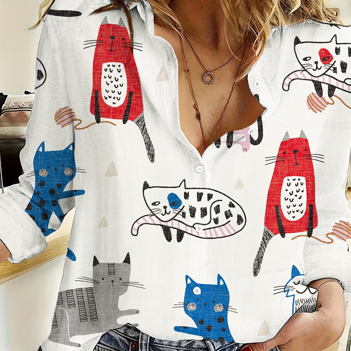 Spring and summer women's fashion long-sleeve casual shirt featuring cat and fish print.