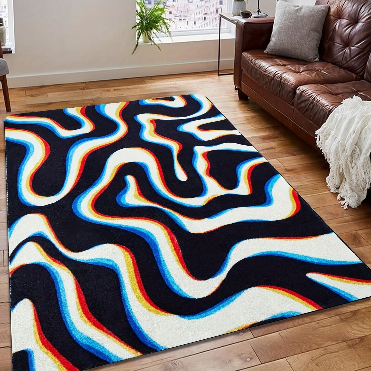 Soft, lightweight and stylish, this 1pc Psychedelic Abstract Wave Area Rug is the perfect addition to any living room, bedroom, or dorm. Made of machine-washable knit polyester, this non-slip rug is perfect for any occasion, from Christmas to Halloween