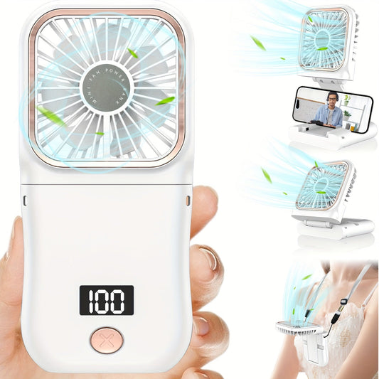 Compact Handheld Mini Fan Featuring Digital Display, Sleek Foldable Neck Design, Rechargeable 3000mAh Battery, 180° Adjustable Angle, 3-Speed Settings, Ideal for Personal Cooling, Travel, and Sports.