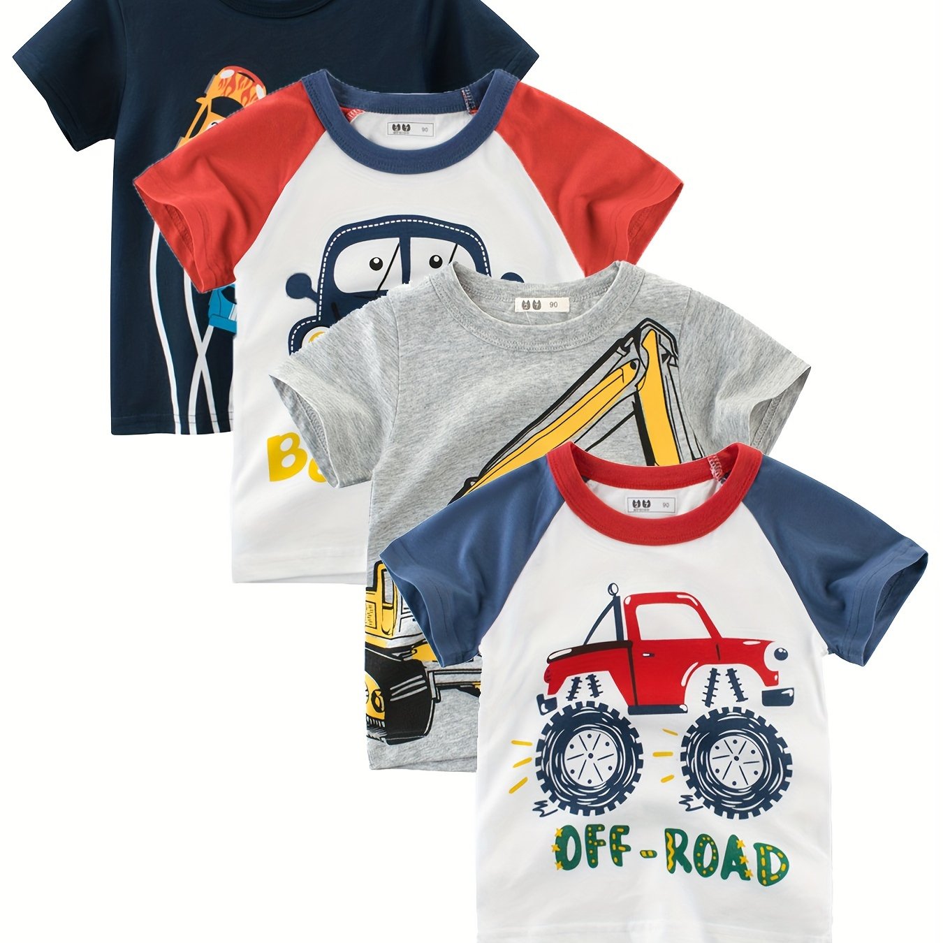 4pcs cartoon car print boys' cotton t-shirt for summer outdoor leisure