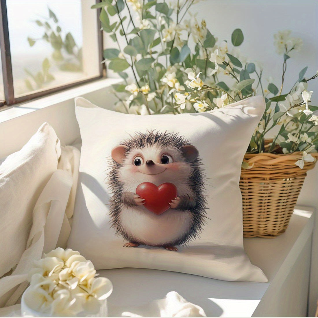 Hedgehog & heart print throw pillow cover, 44.96x44.96cm - Ideal for living room or bedroom decor. Made of machine washable polyester with zip closure. Insert not included.