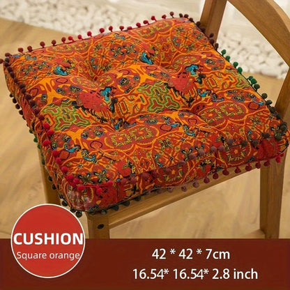 Boho-chic square cushion with pompoms: Versatile and fade-resistant.