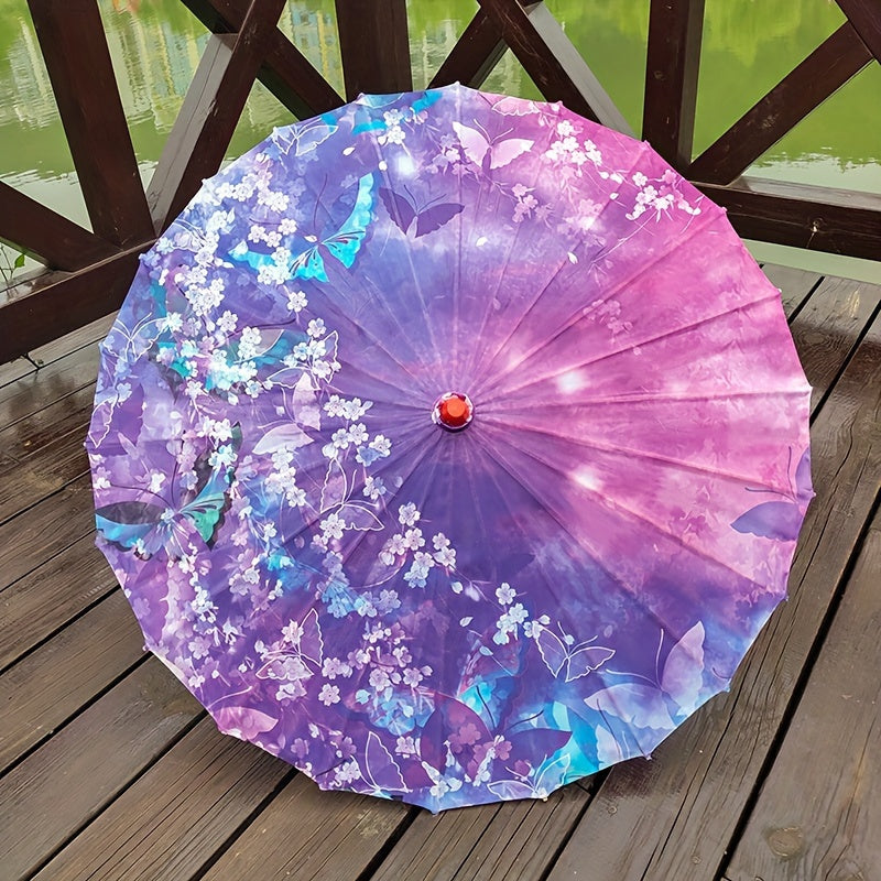 Chinese Flowers Parasol Umbrella with Cherry Blossom Sakura Floral Bamboo Handle for Sun and Rain Protection, Ideal for Weddings and Parties.