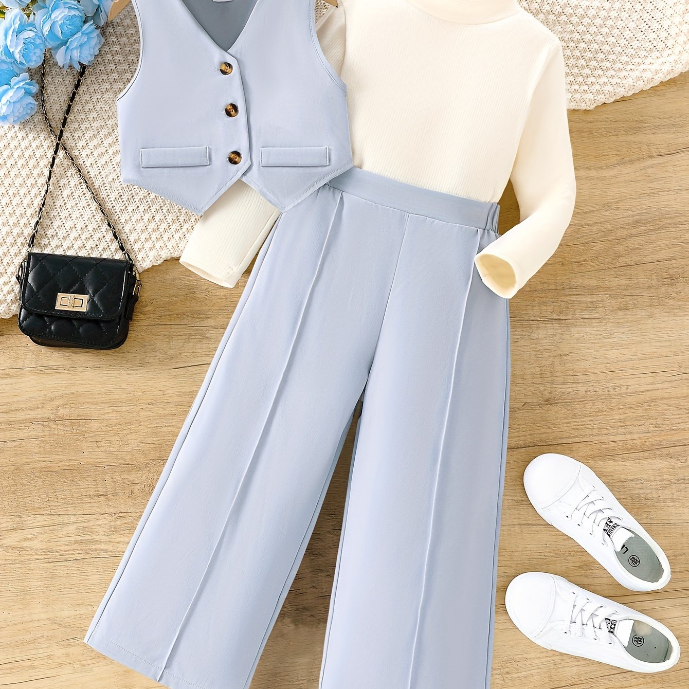 3-piece girls' casual outdoor outfit includes sleeveless vest, long sleeve top, and wide leg pants for spring and fall.