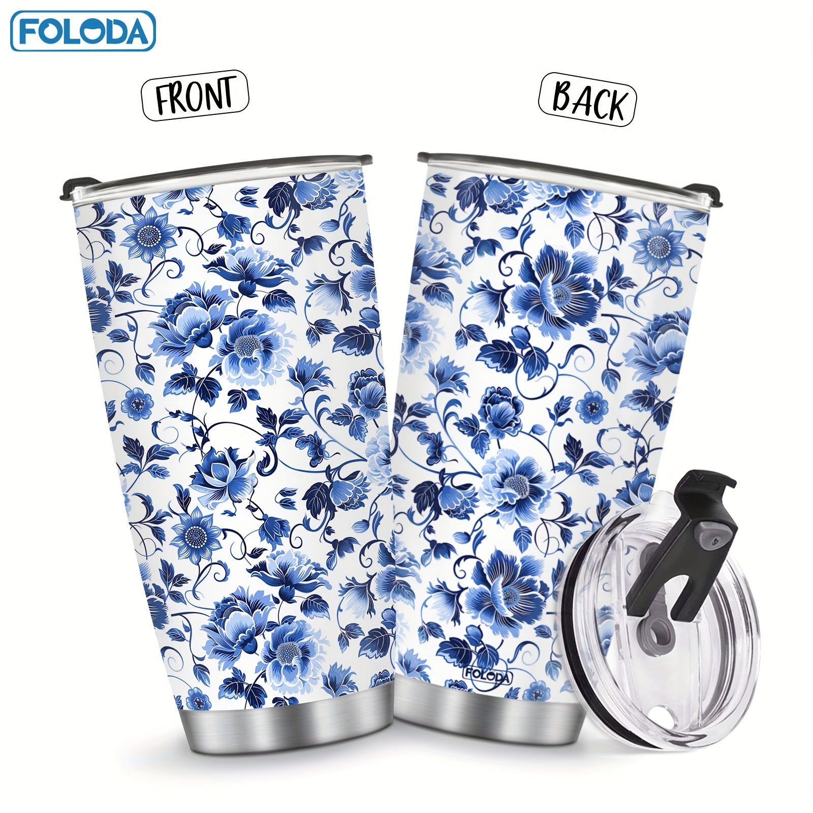 Foloda 20oz Ko'k Gullar Stainless Steel Tumbler - Qopqoq va Qalam bilan Ikki Qavatli Bo'shliq Izolyatsiyalangan Sayohat Kofe, Ayollar uchun Ideal Sovg'a - Faqat Qo'lda Yuvish