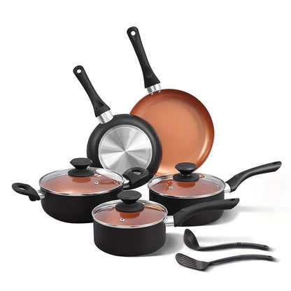 This 10-piece aluminum ceramic cookware set is ideal for gifting, family gatherings, or elderly loved ones. It includes a soup pot, milk pot, and frying pans, making it perfect for any kitchen.