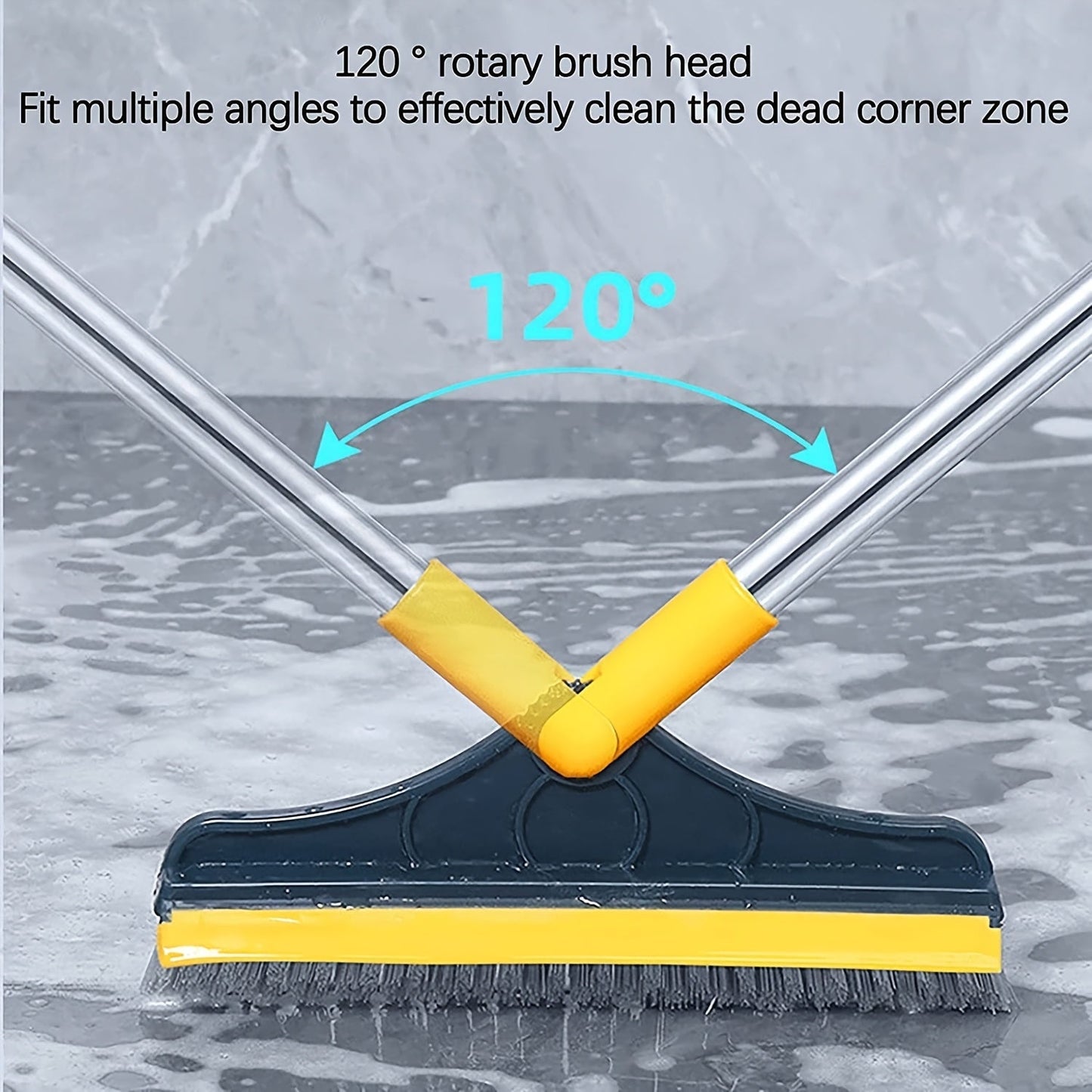 No electricity required! This 2-in-1 Multi-Surface Cleaning Brush features a long handle, 120° rotating scrubber, and squeegee. It is made of reusable plastic and metal, with a medium firmness for effective cleaning. Perfect for use in the bathroom