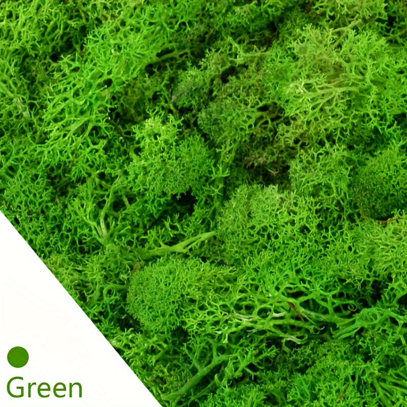 30g vibrant green faux moss grass for home decor, DIY crafts, and holiday decorations. Made of plastic, no container included. Ideal for living room walls and garden accents.