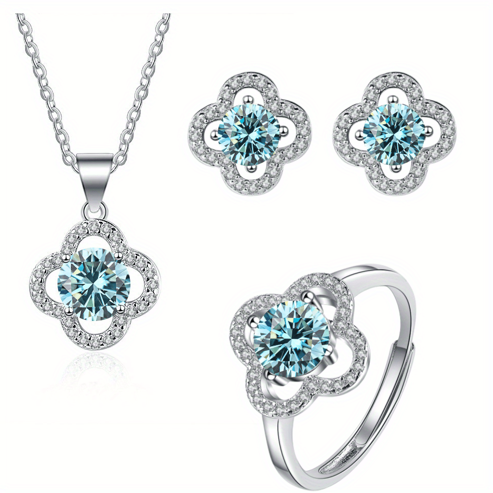 4-piece Moissanite Jewelry Set featuring 925 Sterling Silver Earrings, Necklace, and Ring in a Lucky Flower Design. Perfect for complementing daily outfits and a dainty Christmas gift for your loved one.