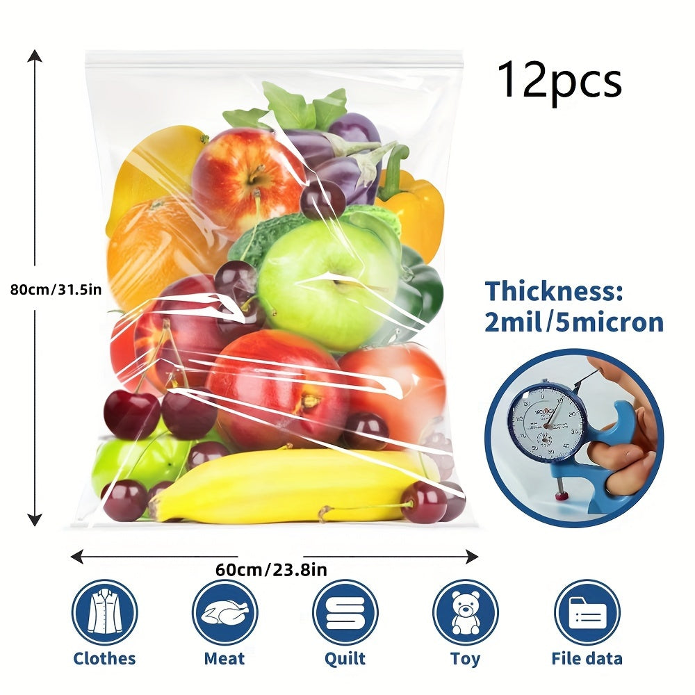 Get a pack of 6 large plastic zipper storage bags, each measuring 18.93 L and 45.72X60.96 cm. These clear reclosable bags are extra-thick and sealable, perfect for storage, food prep, moving, and more. BPA-free and reusable, these bags are great for