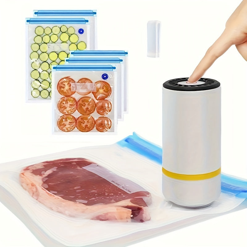 Get your hands on the 1pc Mini Electric Vacuum Sealer, a convenient handheld machine perfect for sealing food. It comes with 2 sizes of sealing bags: 3P (21.59x20.32cm) and 2P (27.94x25.4cm). Use it for vacuum storage, refrigerator storage, and