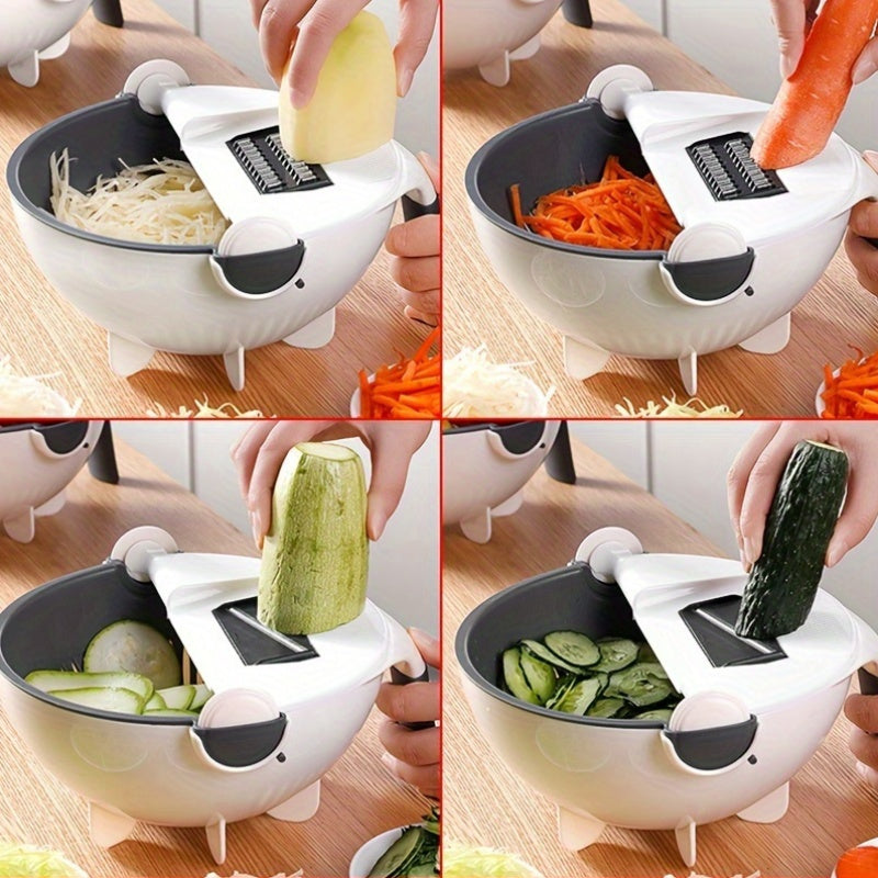 Multifunctional vegetable cutter with draining basket, made of uncharged PC material.