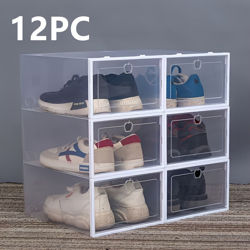 12 clear shoe boxes with hinged lids, collapsible storage containers, drawer-style clear shoe organizer, plastic shoe holder, multi-tier space-saving storage system.