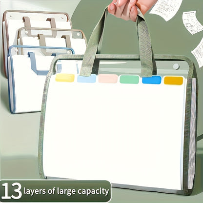 Durable PVC expanding file organizer holds A4 documents, suitable for students, office, and home use. White, waterproof and portable with handheld design. Stylish document bag for organized