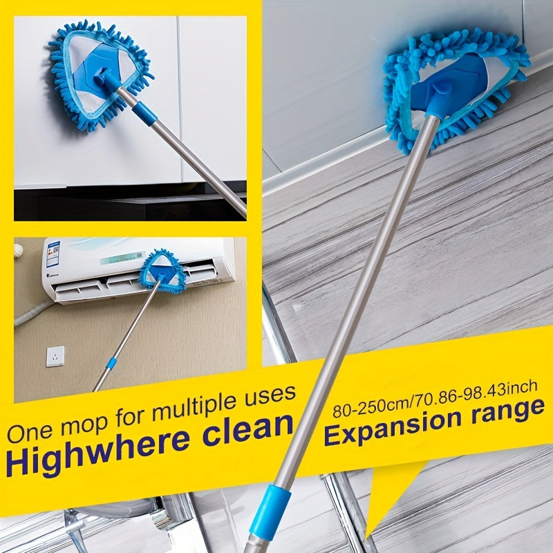 Multi-functional extendable mop with resin head, retractable wall and ceiling cleaning tool, no batteries required. Perfect for toilet and home use, ideal for cleaning air conditioners. Adaptable and sturdy plastic design, great for floor cleaning.