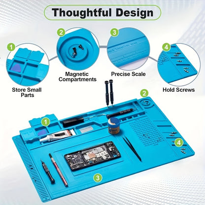 High-Density Silicone Electronics Soldering Mat - Heat Resistant, Anti-Corrosion with Magnetic Positioning, Ideal for Phone & Computer Repairs | Durable, Non-Slip, Easy to Clean