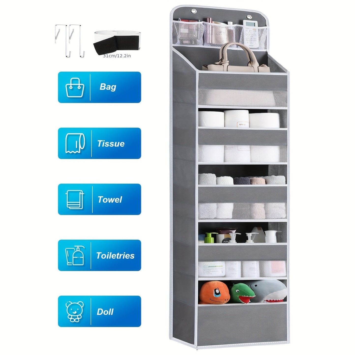 Foldable & Lightweight Storage Solution: 6-Shelf Over-the-Door Organizer with 8 Large Pockets for Pantry, Nursery, Bathroom, Bedroom, Kitchen, Dorm, Camper