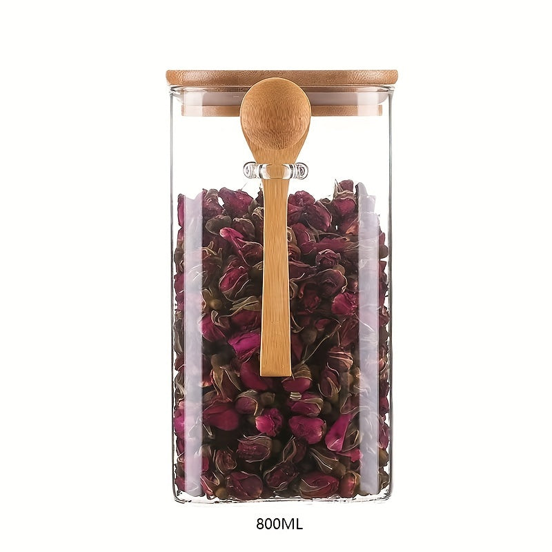 Airtight glass jar with bamboo lid and spoon for kitchen storage, perfect for spices, rice, coffee, candies, etc. Pearl packaging included.