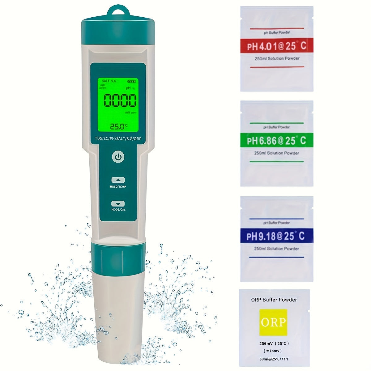 Одна ручка для тестирования качества воды с 7 функциями: TDS, pH, ORP, EC, TEMP, СОЛЕНОСТЬ, S.G. ЖК-дисплей с подсветкой, работающая от батареек, пластиковый материал, батарея не включена.