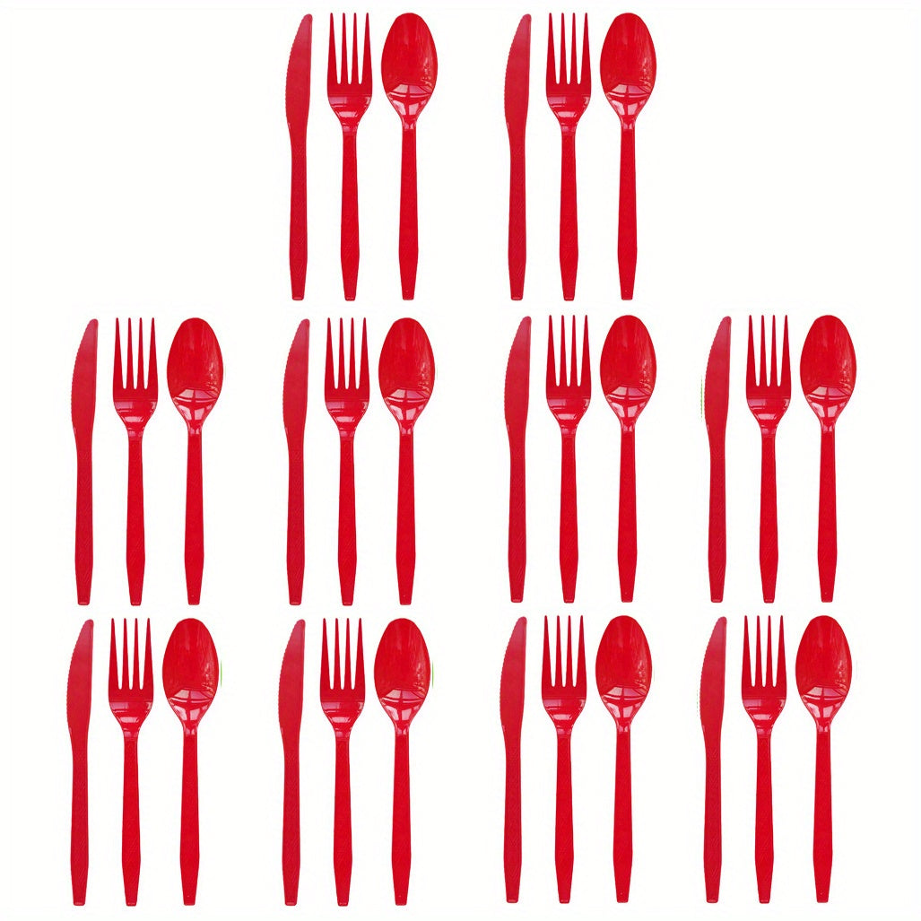 Set of 3 colored disposable plastic tableware pieces for weddings, birthday parties, and cake servings. Includes knives, forks, and spoons (30 pieces total).