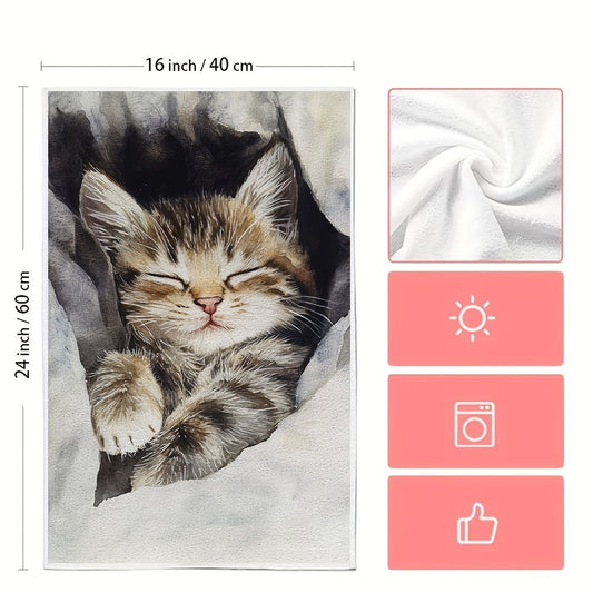 Set of 2 Ultra Soft Kitchen Towels featuring a Cute Sleeping Kitten Design, Highly Absorbent & Machine Washable Dish Hand Towels in Cozy Gray Tones, Size 40.64x60.96 cm - Perfect for Home Decor and Drying Dishes