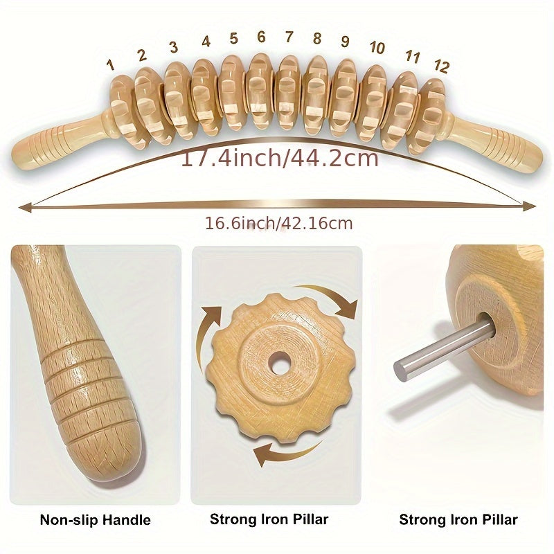 1pc wooden handheld roller with 12 rollers for muscle tension relief in back, hands, and legs.