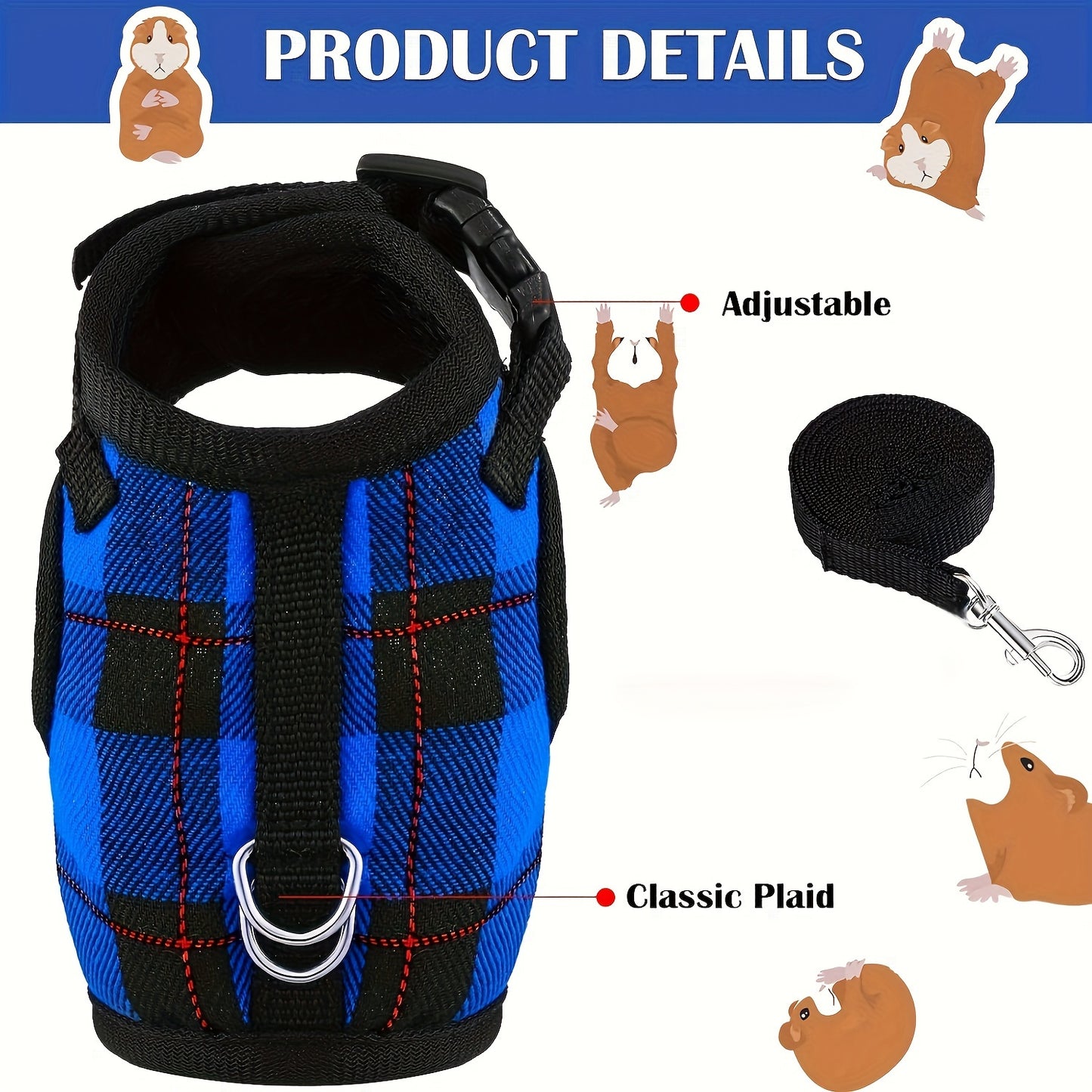 Checkered blue and red hamster harness and leash set with bell for small animals. Adjustable and breathable.