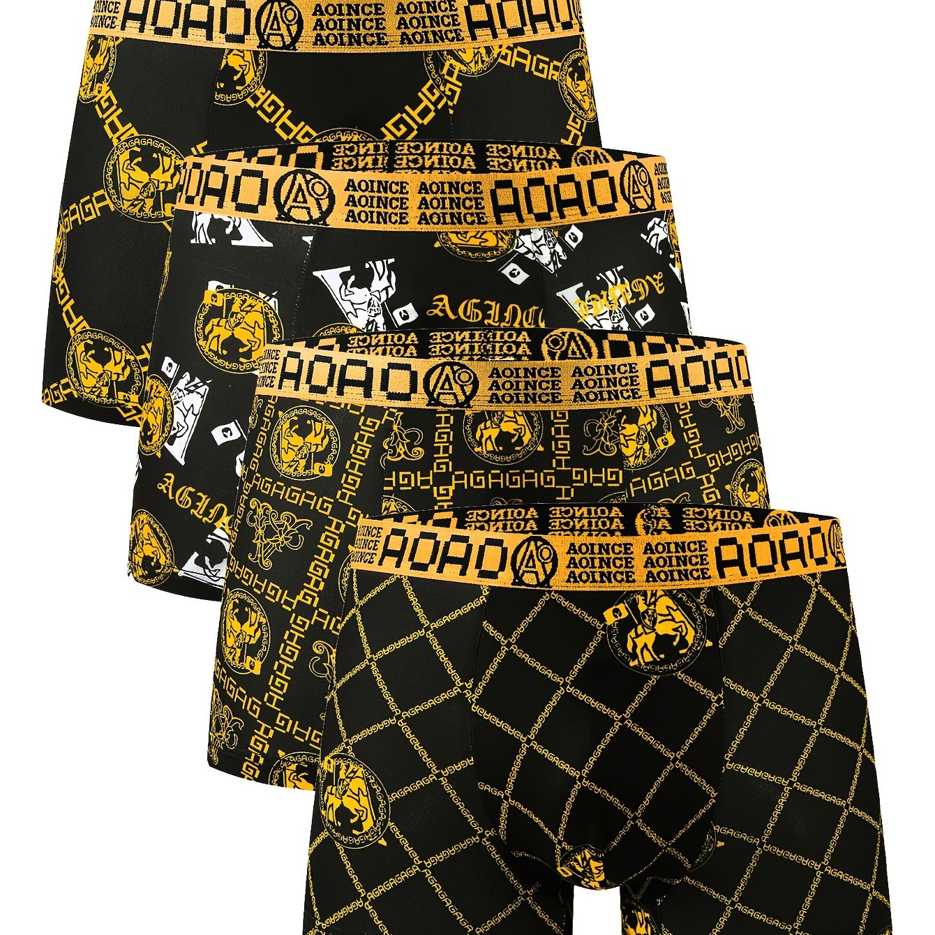 Set of 4 black and gold chain printed men's flat underwear, soft, comfortable, breathable, and fast-drying. Ideal for sports.