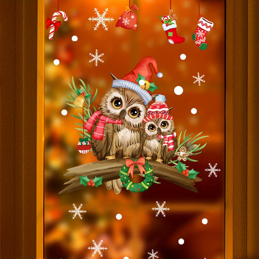 Modern Christmas Owl Window Decals, Self-Adhesive Vinyl Holiday Decor, Branch with Owls Design, Single-Use Clings for Home and Storefront, Double-Sided Print, 30x35cm (CT4047-ZC)