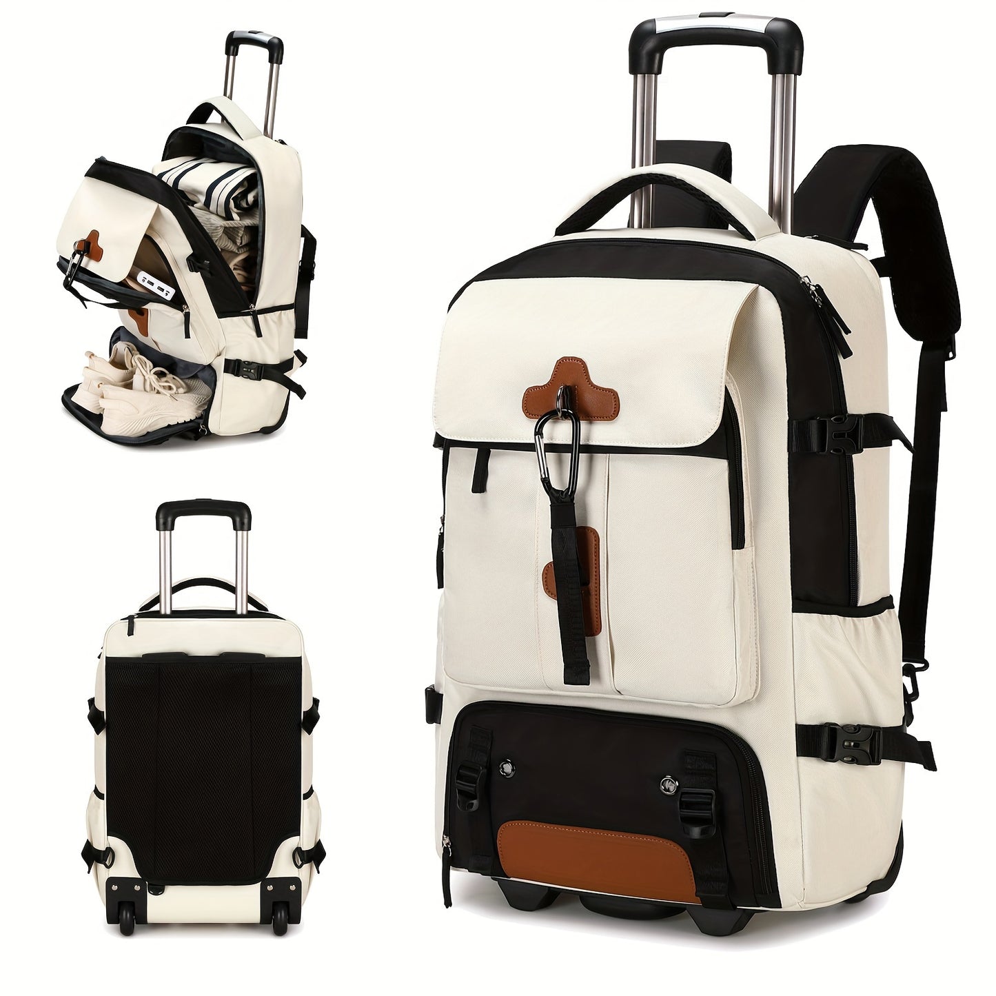 Rolling backpack for 17-inch laptop with shoe compartment for men and women. Suitable for business and school.