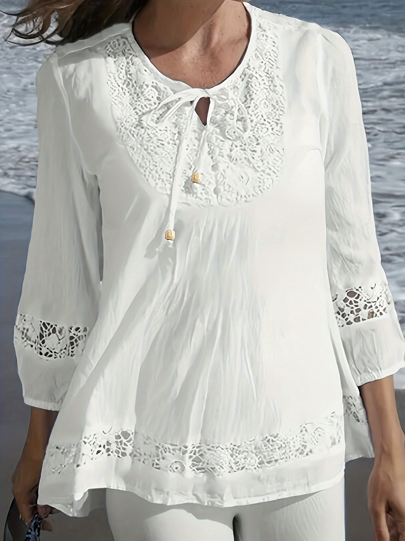 Spring women's plus-size clothing with lace stitching, tie-neck, 3/4 sleeves.