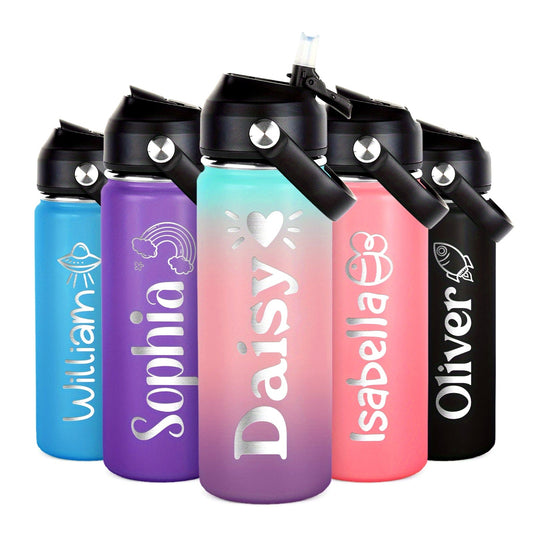 Personalized Kids Water Bottle - 18oz Stainless Steel Sports Flask with Custom Name, Double-Wall Vacuum Insulated, Straw Lid - Suitable for Children Ages 3-12