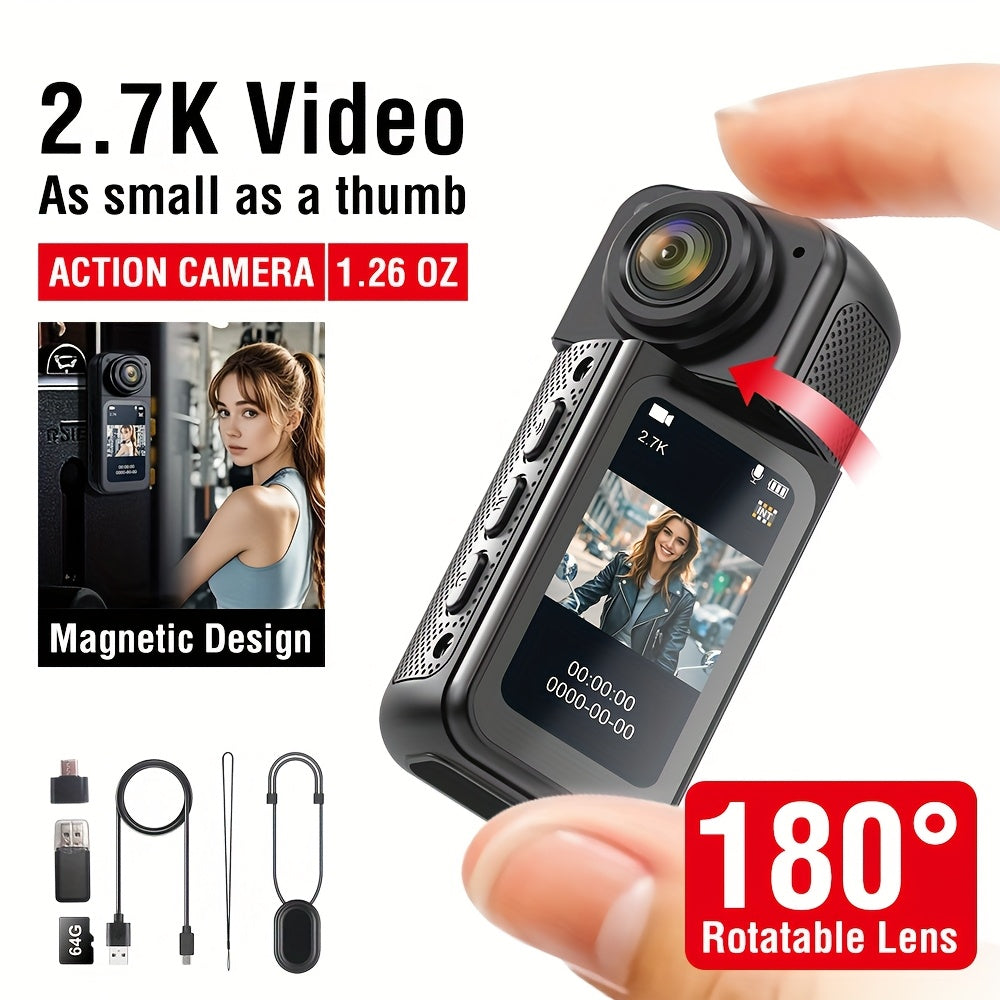 2K Thumb Action Camera, lightweight POV camera with magnetic lanyard, portable body camera with IPS screen, 180° rotating lens, wearable pocket camera for vlog with 64G card.