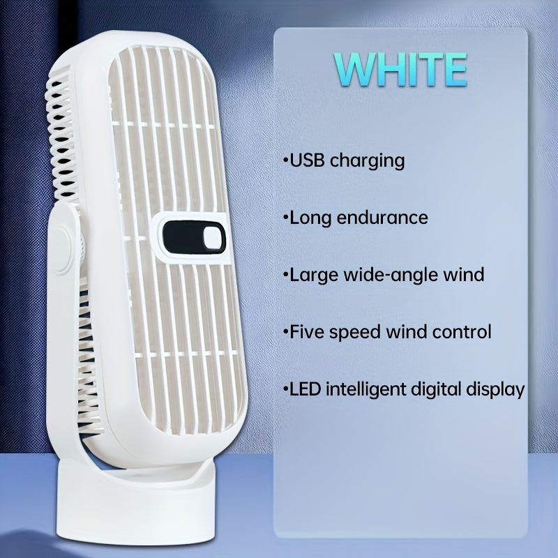 The JKUOO Ultra-Quiet USB Rechargeable Desktop Tower Fan features a sleek leafless design with a polished finish. It has 5 speed settings and a convenient LED display for easy control. This portable fan is safe for use in any space, including home