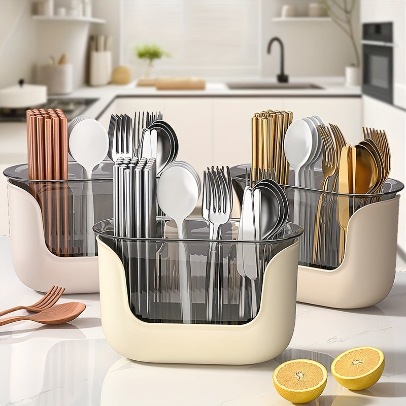 Tableware storage tube with drainage rack and divided cage for organizing tableware.