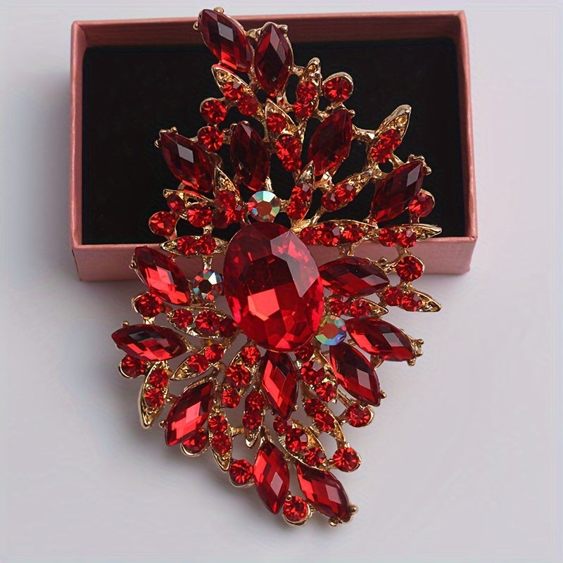 Extravagant Red Crystal Glass Brooch Pin with Large Floral Design, a Stylish Women's Fashion Accessory