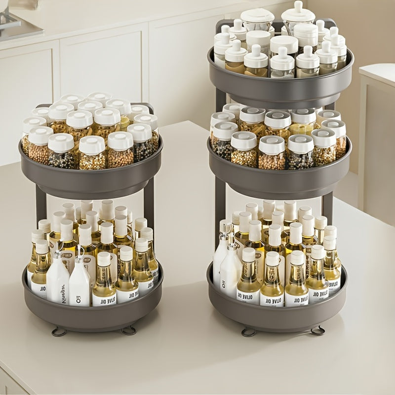 Lazy Susan spice rack, revolving seasoning organizer, versatile rotating storage container for oil, salt, sauce, and vinegar, perfect for kitchen countertops and home use.