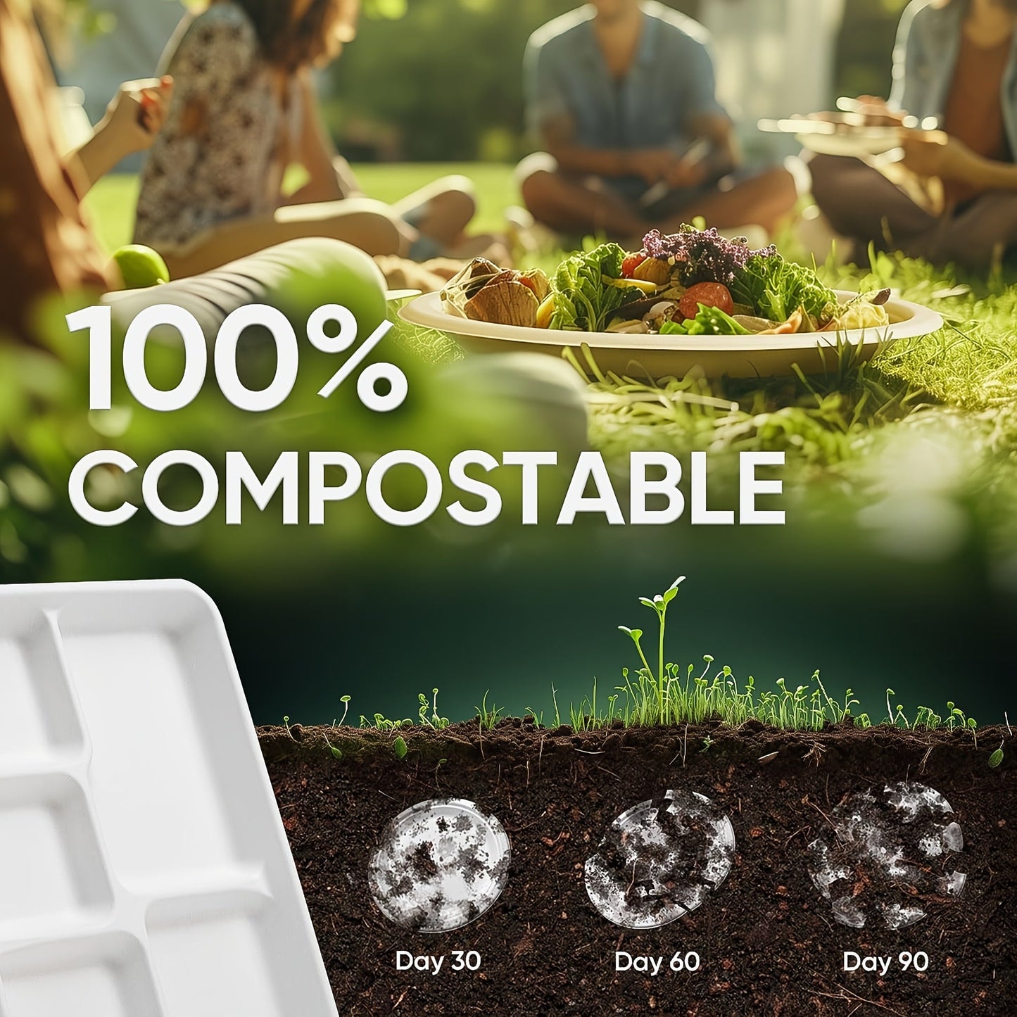 EcoChoice offers a 50-Pack of Compostable Dinner Plates with 5 Compartments, made from Biodegradable Sugarcane Fiber. These Rectangular Trays are perfect for Parties, Picnics, BBQs, and Kitchen Supplies.