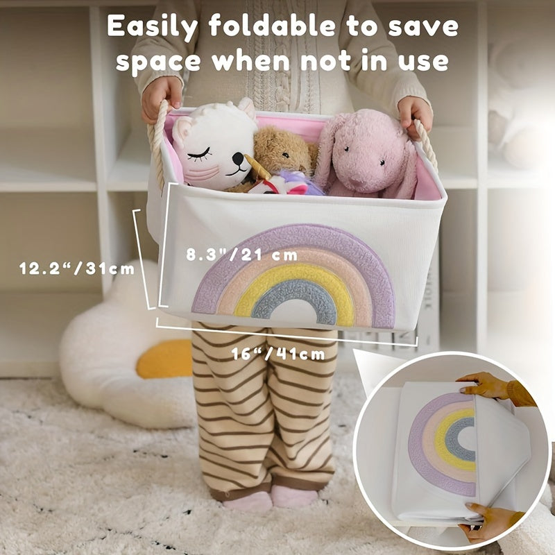 Large canvas storage basket with handles, featuring a foldable rainbow design. Ideal for organizing toys, home items, DIY supplies, and as a gift bin for birthdays or showers. Suitable for individuals aged 14 and over, made from high-quality textile