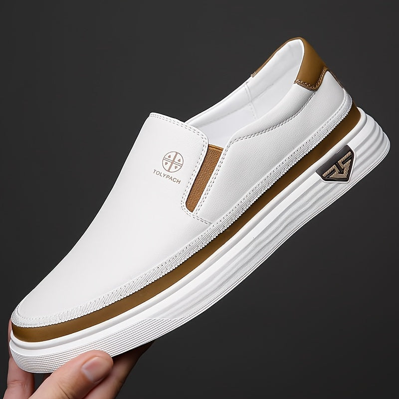 Men's slip-on loafers with soft upper, non-slip rubber sole in white with brown and golden accents. Perfect for everyday casual wear or vacation. Features decorative stitching and are