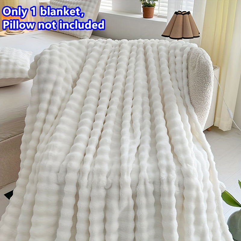 Soft Bubble Fleece Blanket - 1 piece, All-Season, Contemporary Style, Machine Washable, Solid White Color, Made of Polyester, Knitted, Water Washed, 200-250gsm Weight, Versatile for Bed, Sofa, Bedroom, Travel, and Camping Use