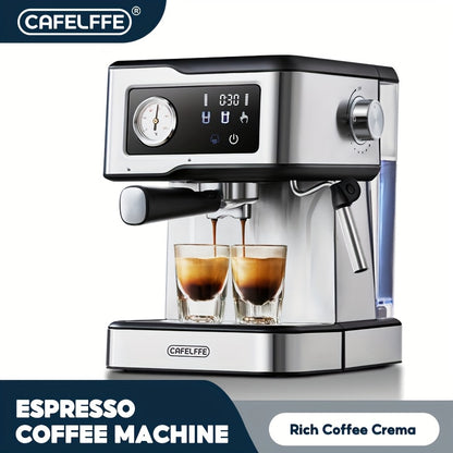 Programmable espresso machine with 20 bar pump, LCD touchscreen, stainless steel milk frother steam wand, and 1.5L water tank. Suitable for latte, cappuccino, Americano, and espresso.