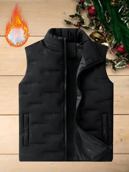 Men's Sleeveless Vest in casual black polyester with stand collar and geometric pattern. Features zip-up closure with pockets, lightweight and warm for autumn/winter, ideal for layering.