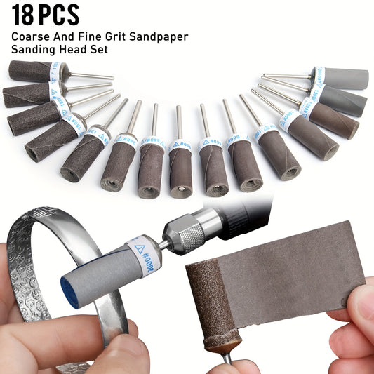 Sanding drums set with 1/8" shank includes 18 pieces with multi-grit (180/240/600/1000/1500/2000) for metal rust removal and stone grinding. Compatible with rotary tools.