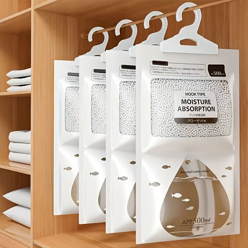 Package includes 10 hanging moisture absorbing bags with 16.91oz desiccant for preventing mold and absorbing moisture. Perfect for use in cabinets and wardrobes. These reusable dehumidification bags are suitable for dormitories and everyday use.