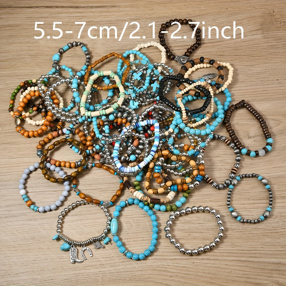 Handmade stretch jewelry for women featuring a set of 12 Boho style mixed wooden bead elastic bracelets. Perfect for daily wear, Valentine's Day gifts, and as a versatile all-season accessory. Includes synthetic February birthstone accents.